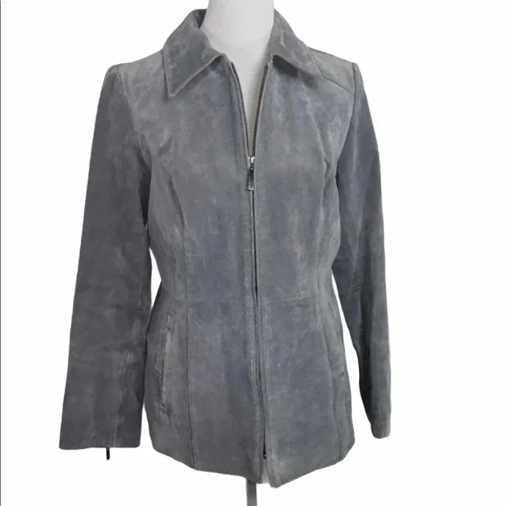 Dennis Basso Suede Jacket S Gray Full Zip Animal Print Lining Moto Coatā